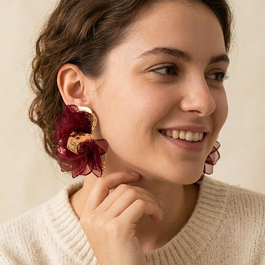 Greta | Mesh Organza Floral Statement Earrings in Burgundy