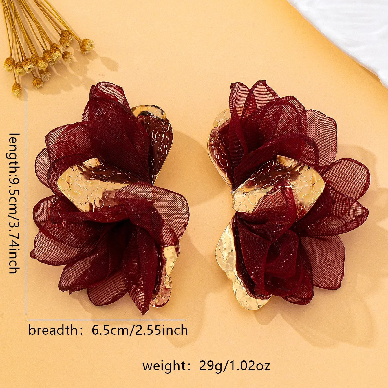 Greta | Mesh Organza Floral Statement Earrings in Burgundy