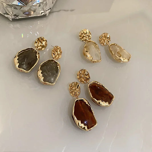 Lyra | Vintage Amber Resin Drop Gold Earrings