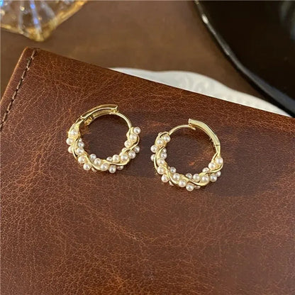 Tess | Beaded Pearl Huggie Hoop Earrings in Gold