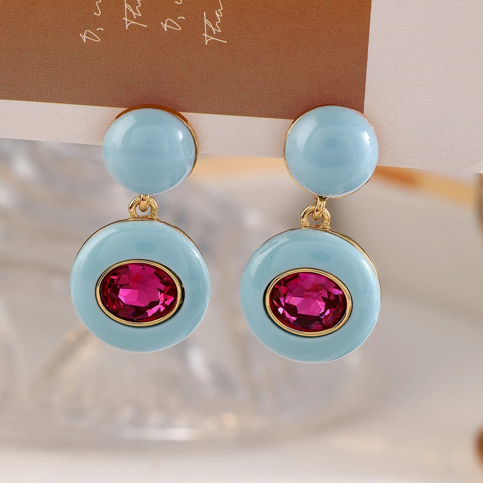 Gwen | Gold Enamel Crystal Circle Retro Drop Earrings in Sky Blue