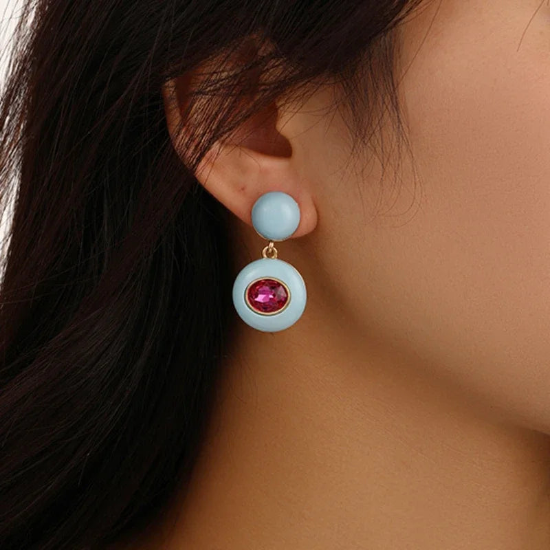 Gwen | Gold Enamel Crystal Circle Retro Drop Earrings in Sky Blue