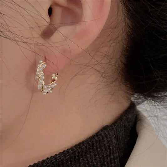 Tess | Beaded Pearl Huggie Hoop Earrings in Gold