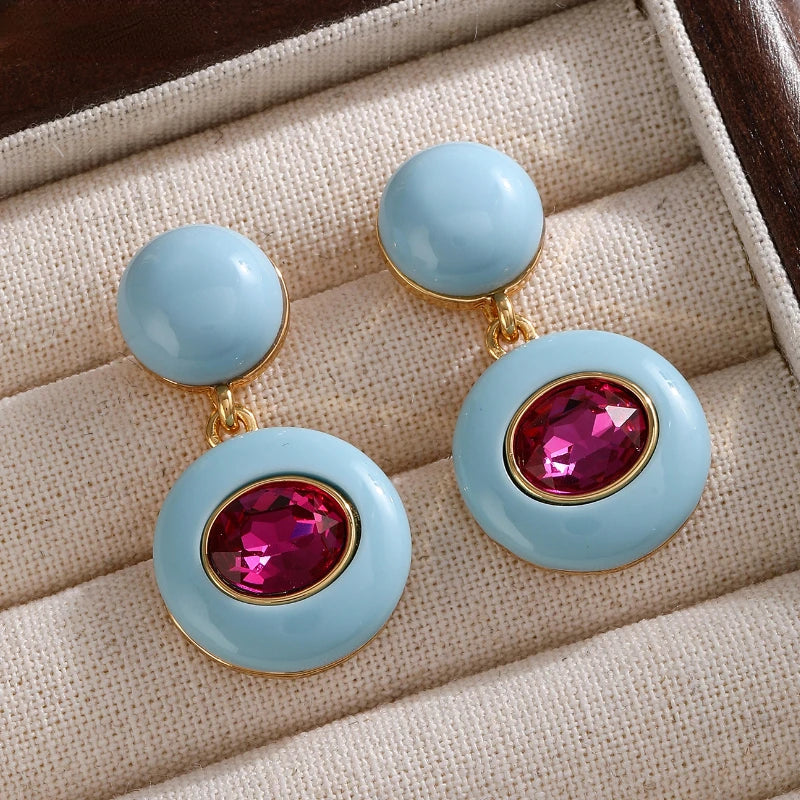Gwen | Gold Enamel Crystal Circle Retro Drop Earrings in Sky Blue