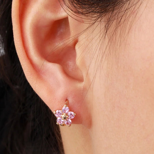 Cami | Pink Flower Star Huggie Hoop Earrings