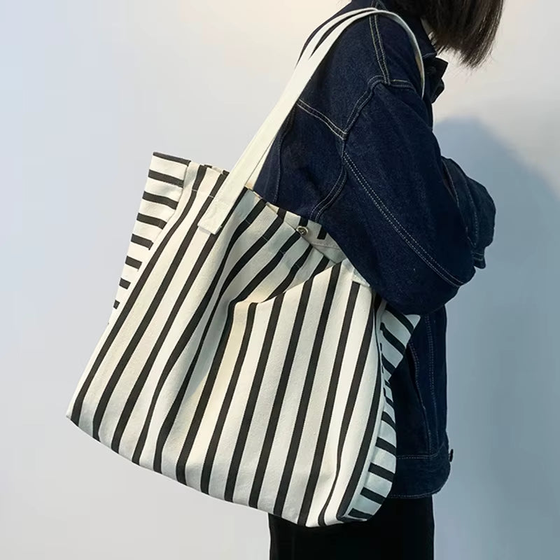 Piper | Striped Canvas Shoulder Tote Bag in Black & White