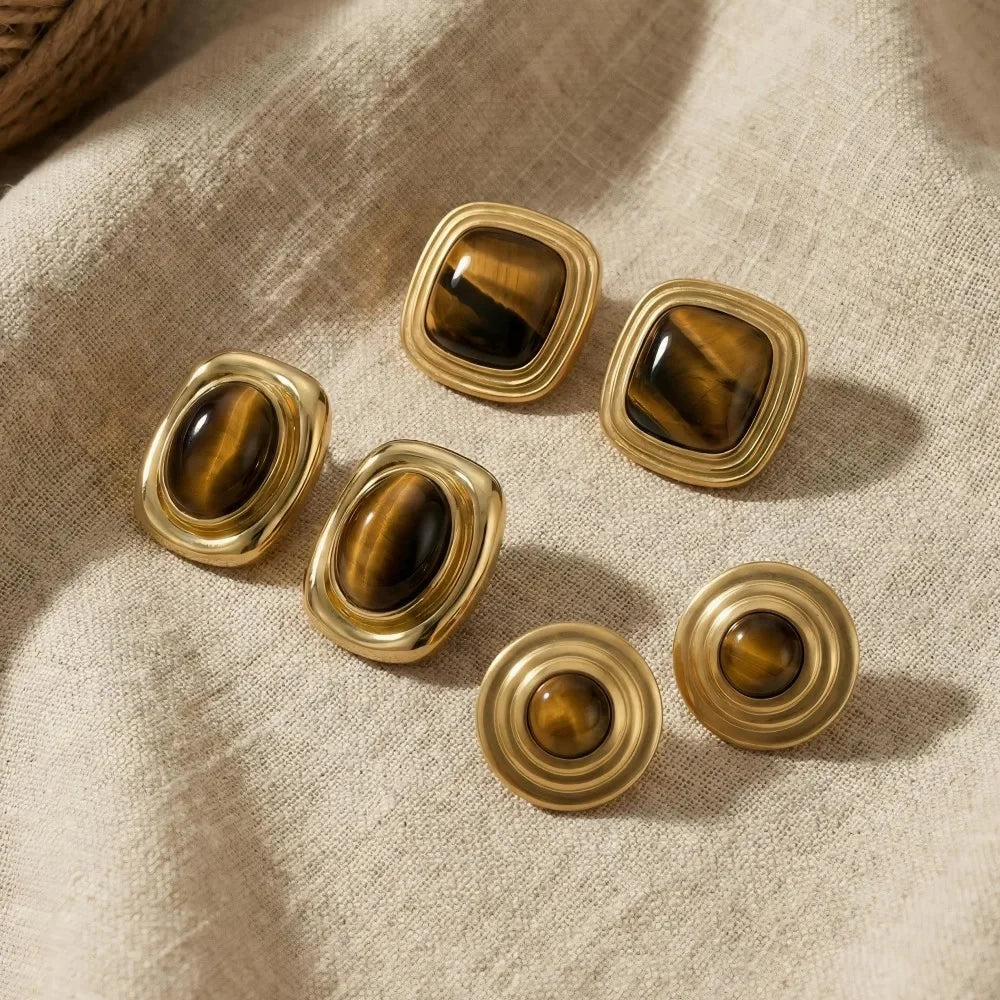 Sage | Tiger Eye Gold Hypoallergenic Stainless Steel Brown Stud Earrings