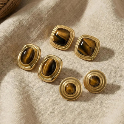 Sage | Tiger Eye Gold Hypoallergenic Stainless Steel Brown Stud Earrings