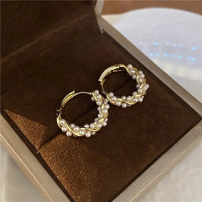Tess | Beaded Pearl Huggie Hoop Earrings in Gold
