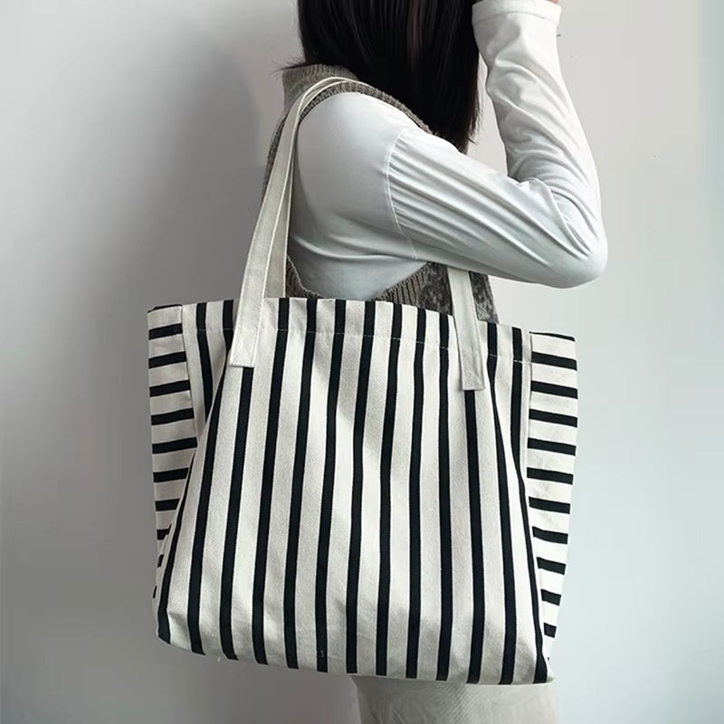 Piper | Striped Canvas Shoulder Tote Bag in Black & White