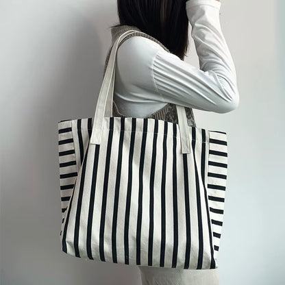 Piper | Striped Canvas Shoulder Tote Bag in Black & White