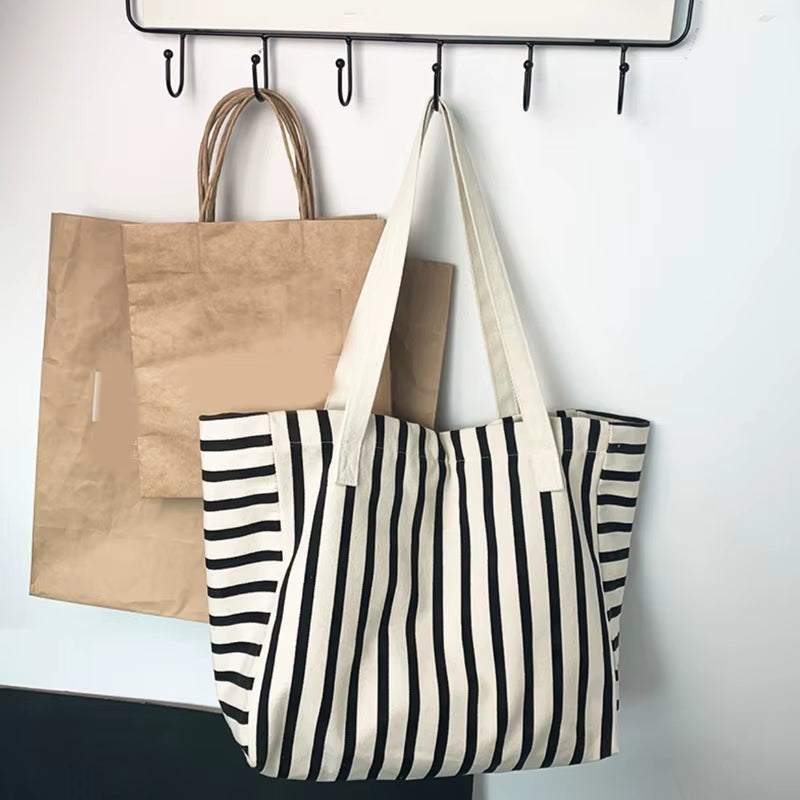 Piper | Striped Canvas Shoulder Tote Bag in Black & White