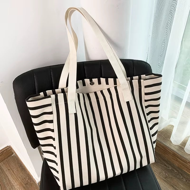 Piper | Striped Canvas Shoulder Tote Bag in Black & White