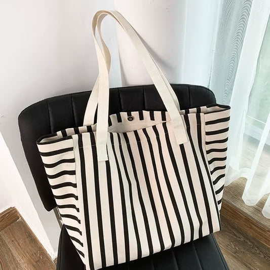 Piper | Striped Canvas Shoulder Tote Bag in Black & White