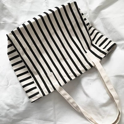 Piper | Striped Canvas Shoulder Tote Bag in Black & White