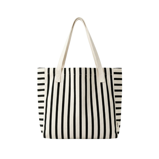 Piper | Striped Canvas Shoulder Tote Bag in Black & White