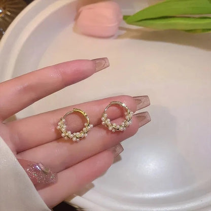 Tess | Beaded Pearl Huggie Hoop Earrings in Gold