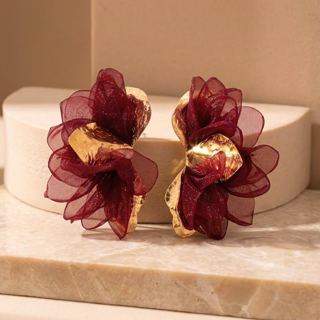 Greta | Mesh Organza Floral Statement Earrings in Burgundy