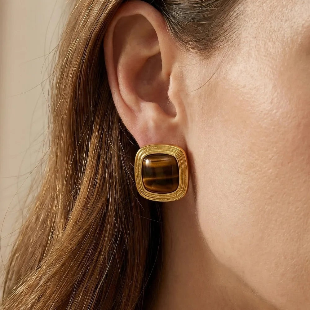 Sage | Tiger Eye Gold Hypoallergenic Stainless Steel Brown Stud Earrings
