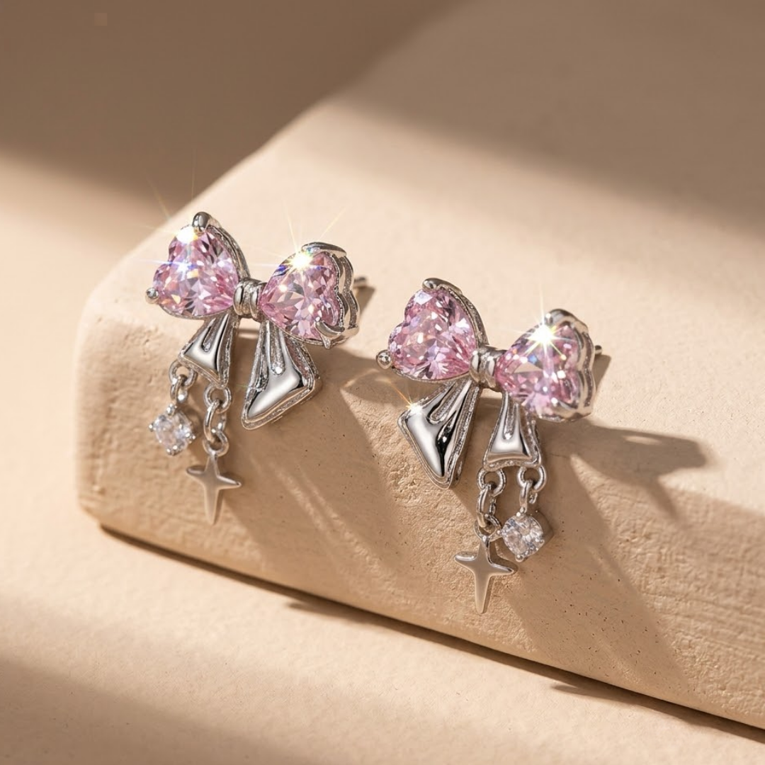 Bree | Pink Crystal Bow Star Drop Y2K Earrings