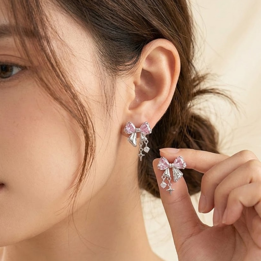 Bree | Pink Crystal Bow Star Drop Y2K Earrings