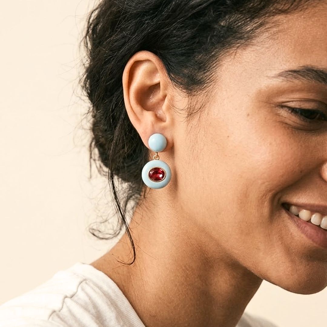 Gwen | Gold Enamel Crystal Circle Retro Drop Earrings in Sky Blue