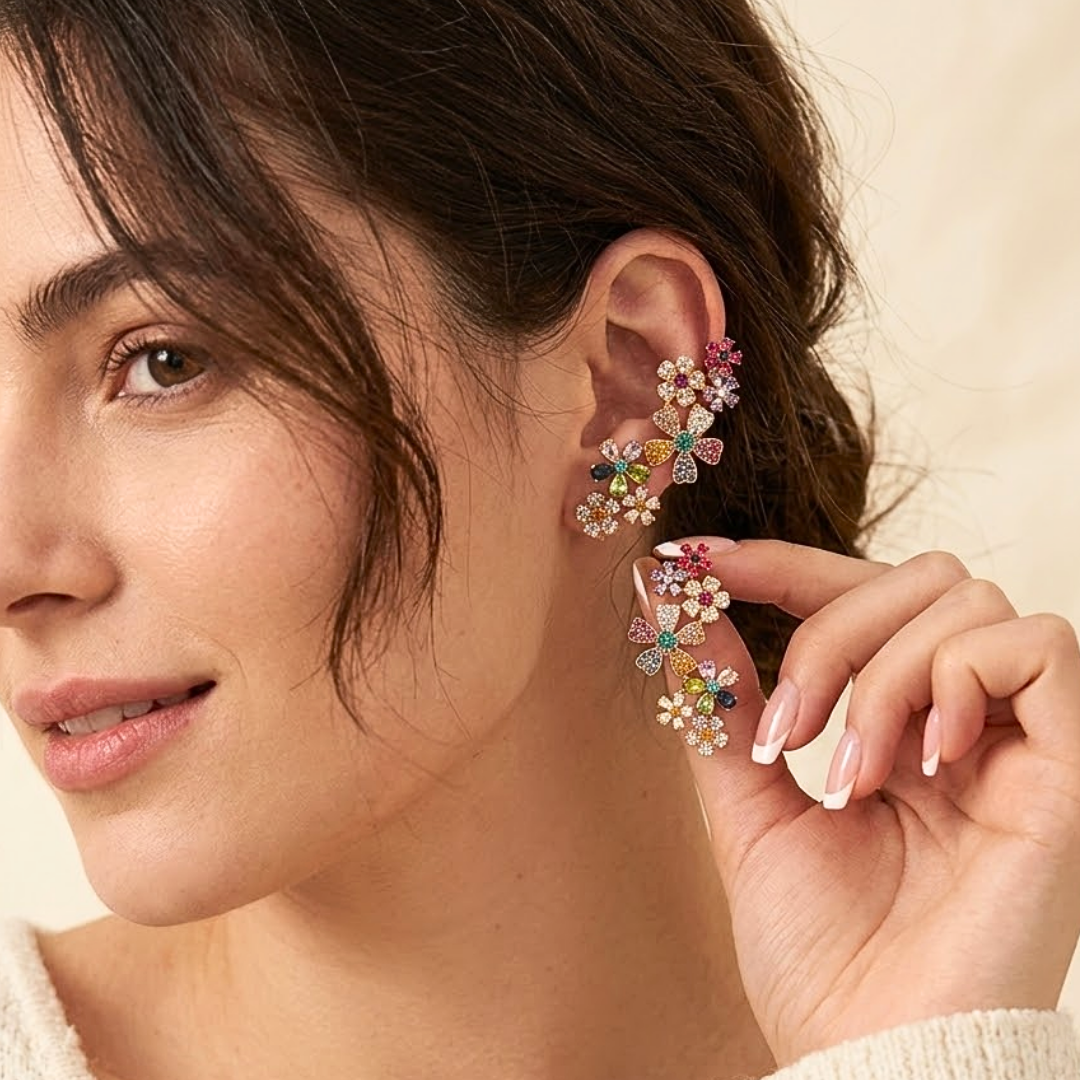 Soleil | Crystal Cluster Floral Drop Earrings in Gold
