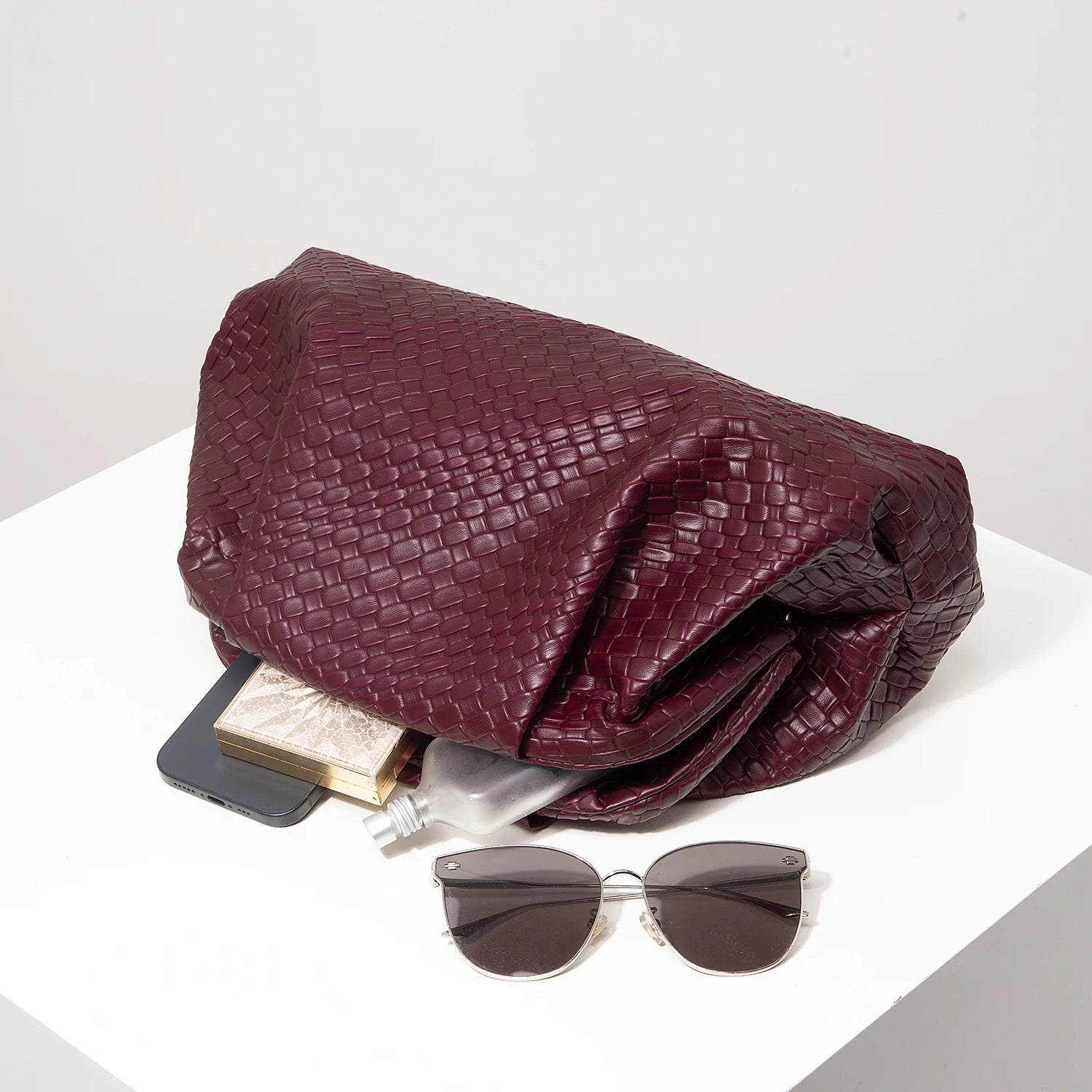 Odette | Woven PU Leather Clutch Bag in Burgundy