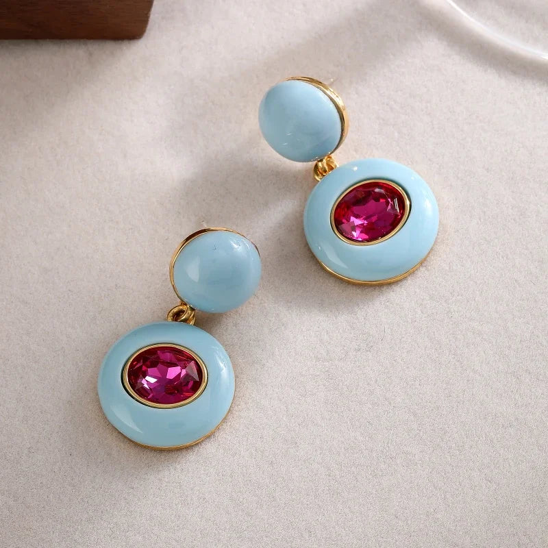 Gwen | Gold Enamel Crystal Circle Retro Drop Earrings in Sky Blue