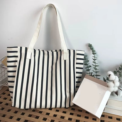 Piper | Striped Canvas Shoulder Tote Bag in Black & White