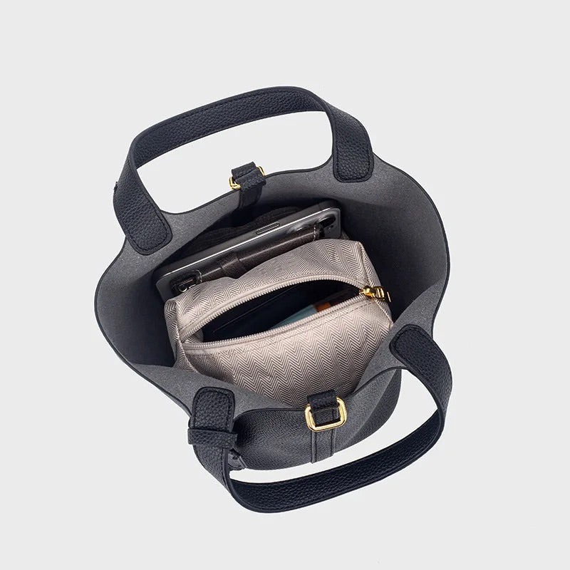 Ivy | Pebbled Faux Leather Mini Bucket Tote Bag with Pouch Insert