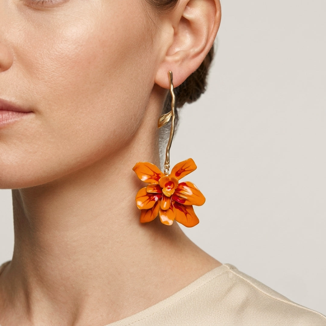 Maeve | Long Branch Floral Drop Earrings in Orange