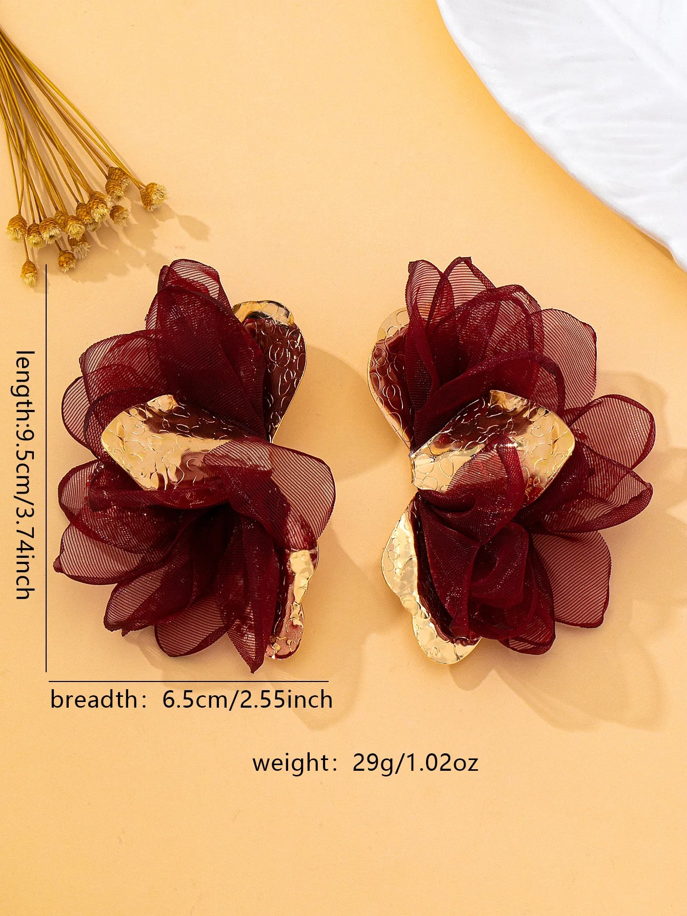 Greta | Mesh Organza Floral Statement Earrings in Burgundy