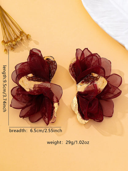 Greta | Mesh Organza Floral Statement Earrings in Burgundy