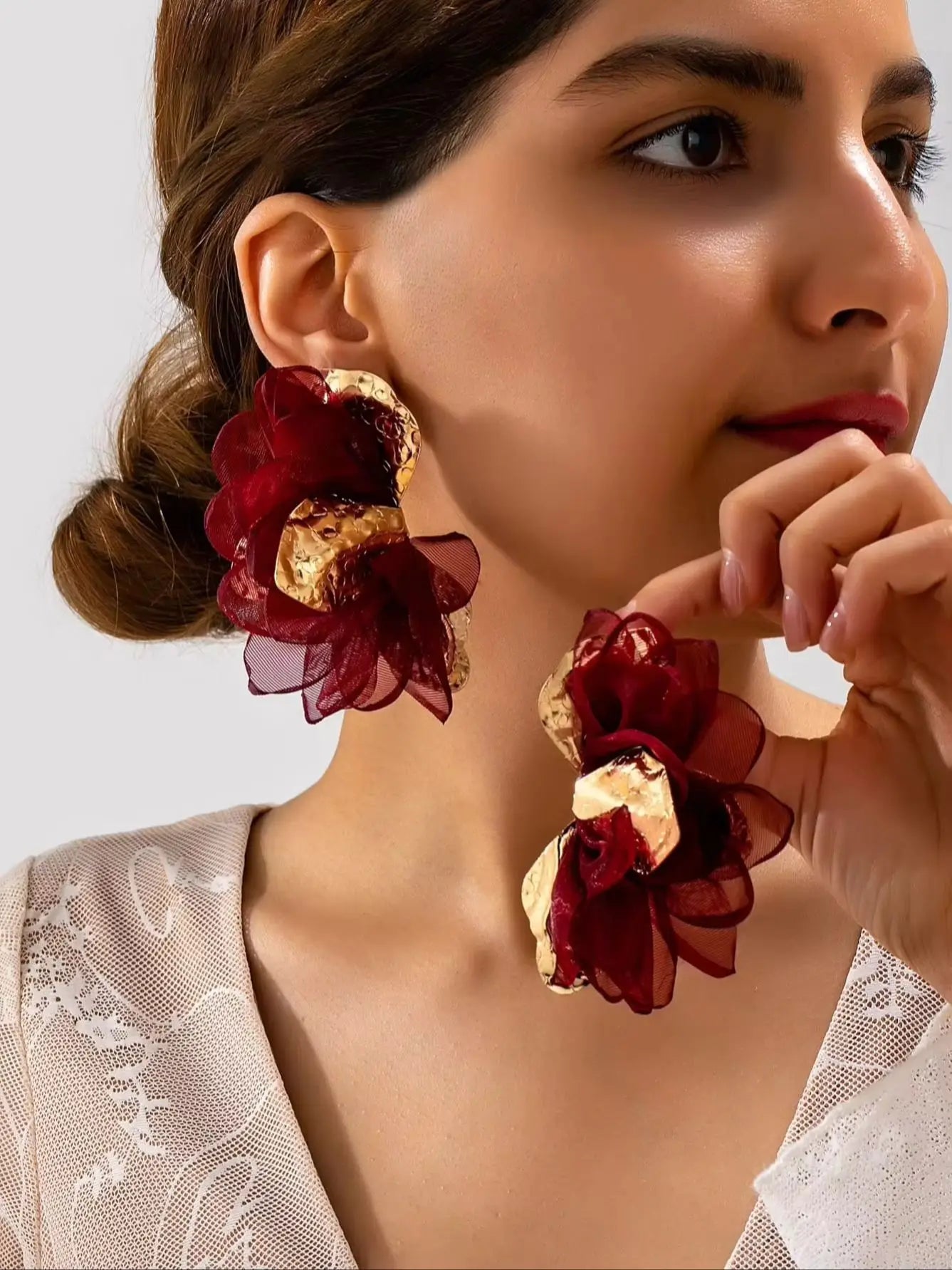 Greta | Mesh Organza Floral Statement Earrings in Burgundy