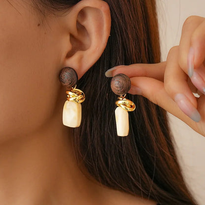 Tova | Wood Bead Resin Gold Twist Drop Earrings