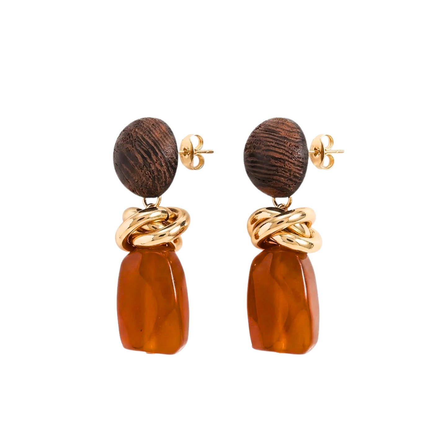 Tova | Wood Bead Resin Gold Twist Drop Earrings