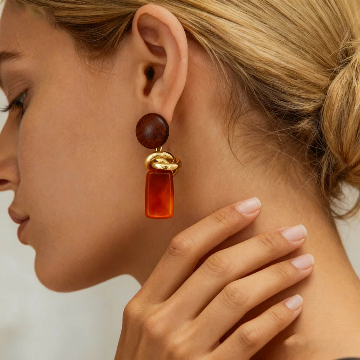 Tova | Wood Bead Resin Gold Twist Drop Earrings