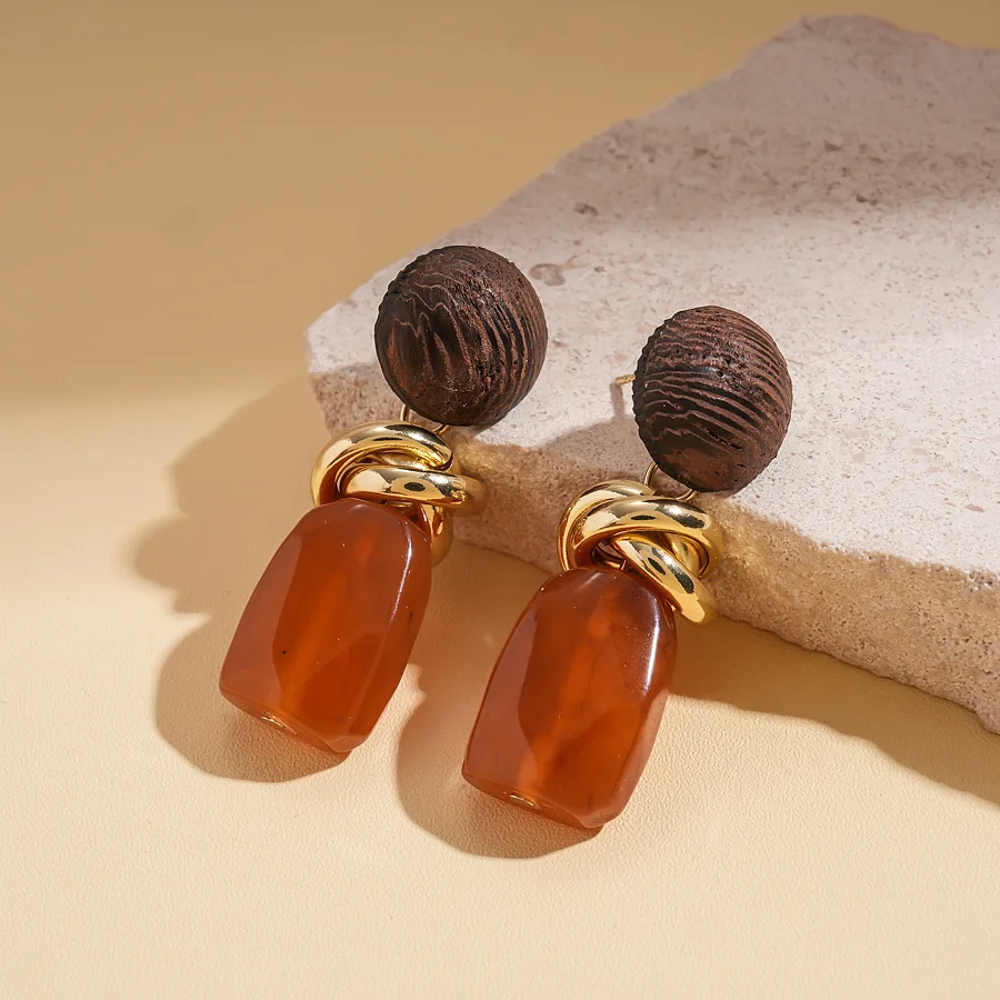 Tova | Wood Bead Resin Gold Twist Drop Earrings