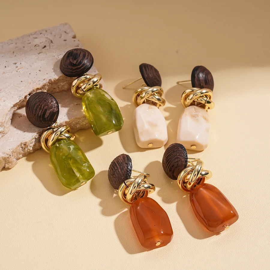 Tova | Wood Bead Resin Gold Twist Drop Earrings