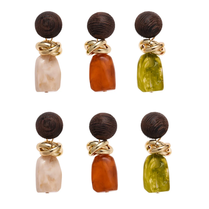 Tova | Wood Bead Resin Gold Twist Drop Earrings
