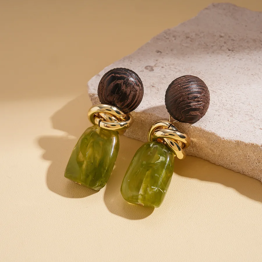 Tova | Wood Bead Resin Gold Twist Drop Earrings