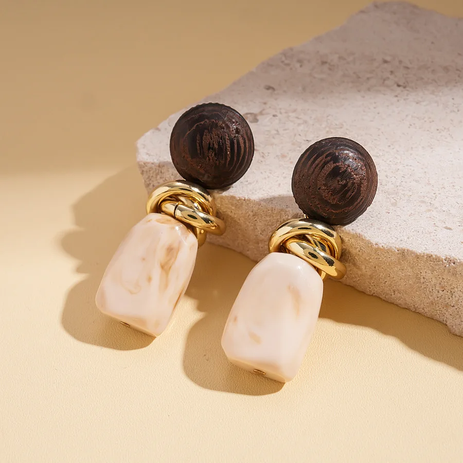 Tova | Wood Bead Resin Gold Twist Drop Earrings