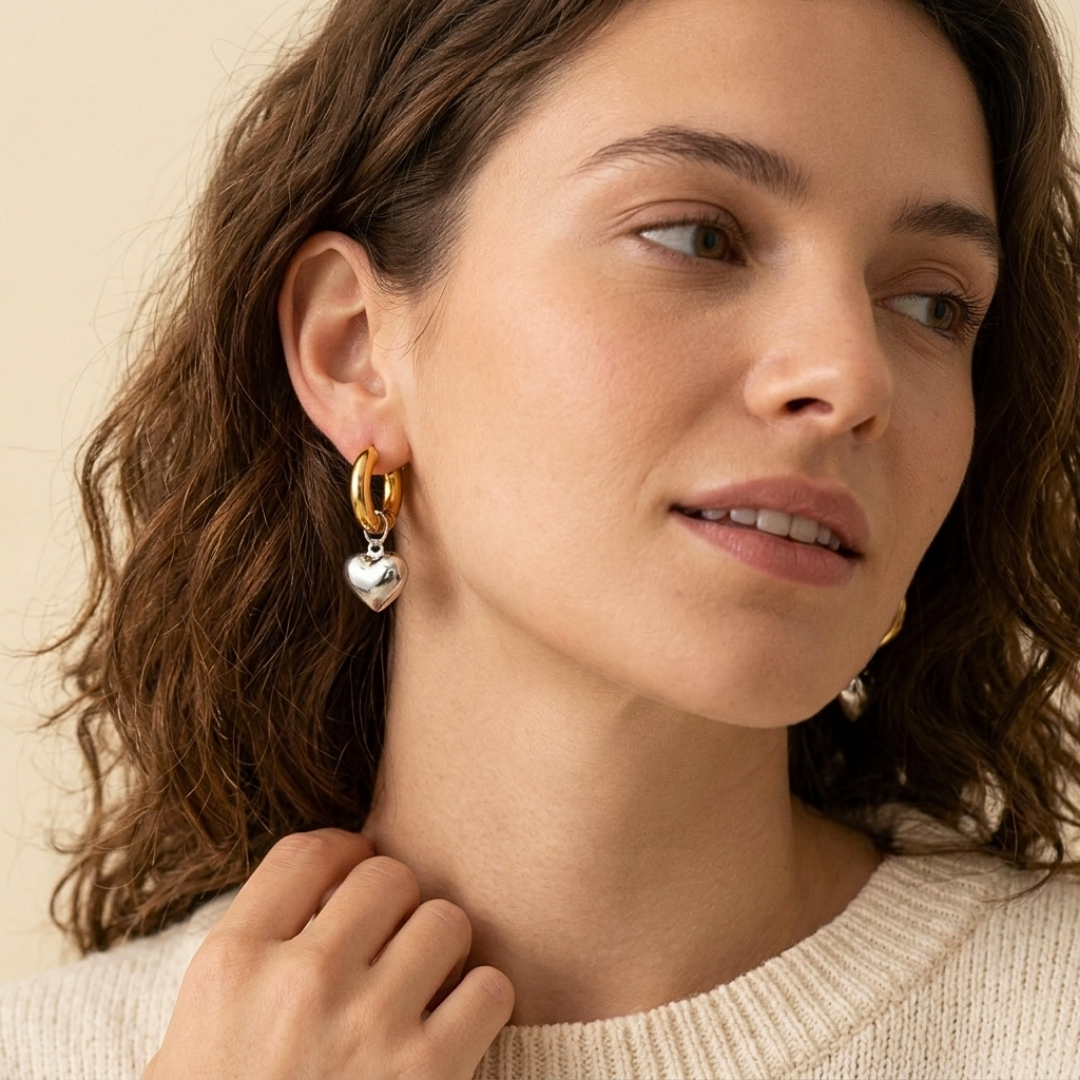 Zarah | Two-Tone Heart Charm Huggie Earrings in Gold