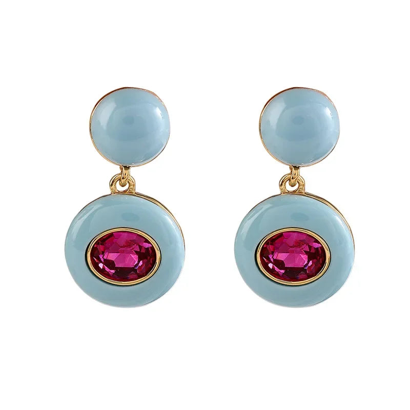 Gwen | Gold Enamel Crystal Circle Retro Drop Earrings in Sky Blue