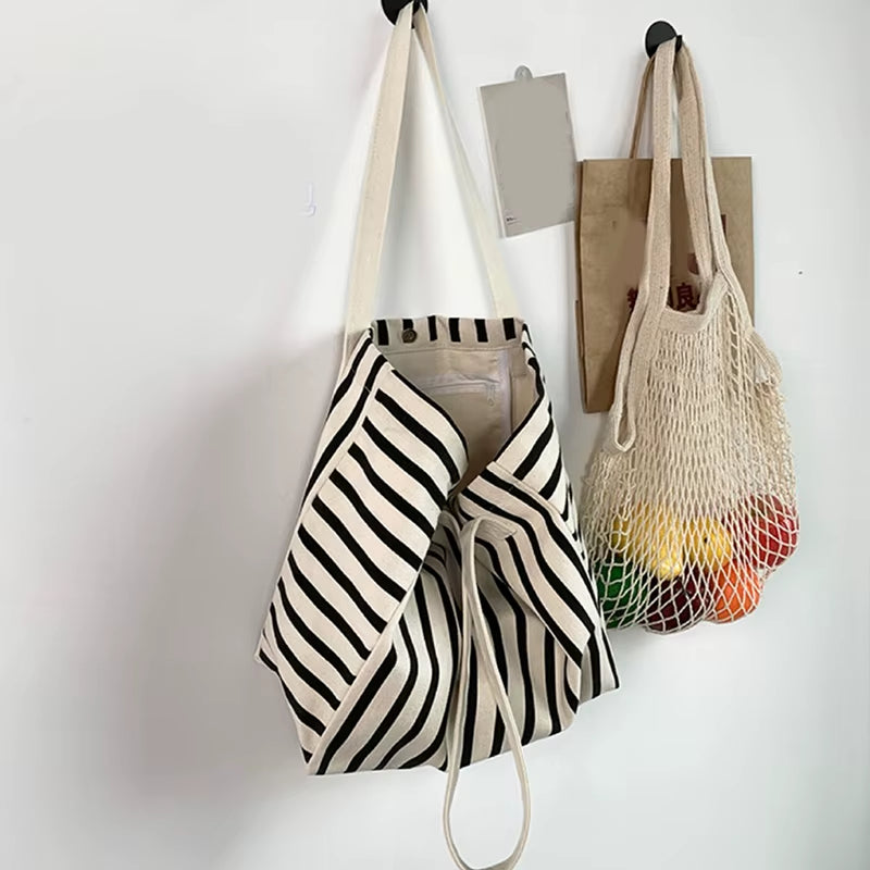 Piper | Striped Canvas Shoulder Tote Bag in Black & White