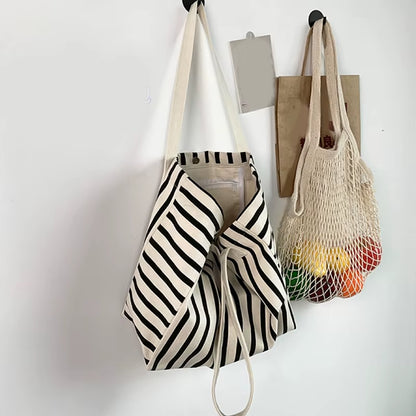 Piper | Striped Canvas Shoulder Tote Bag in Black & White