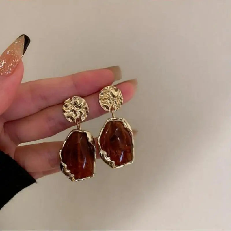 Lyra | Vintage Amber Resin Drop Gold Earrings