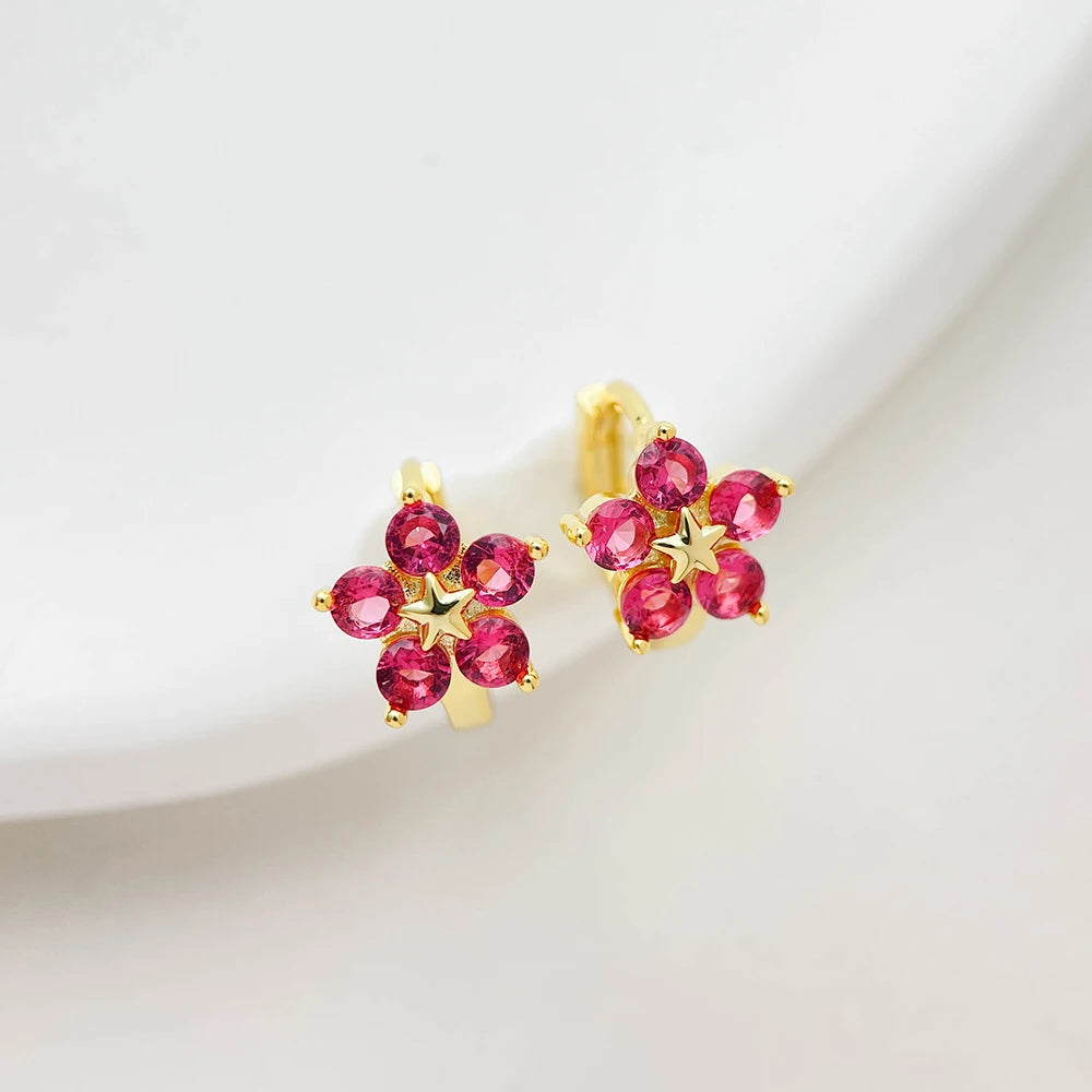 Cami | Pink Flower Star Huggie Hoop Earrings