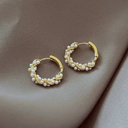 Tess | Beaded Pearl Huggie Hoop Earrings in Gold